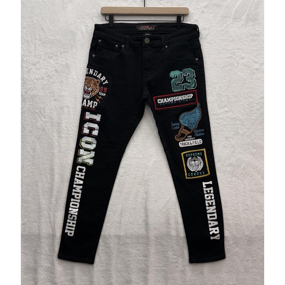 Copper Rivet Jeans Mens 32x30 Black Patchwork Graphic Skinny‎ Denim